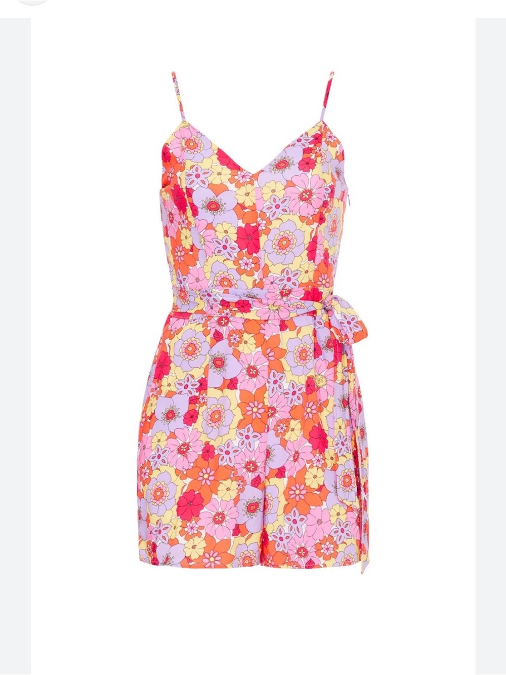 Louna Floral V-Neck Spaghetti Strap Romper in Pink & Orange